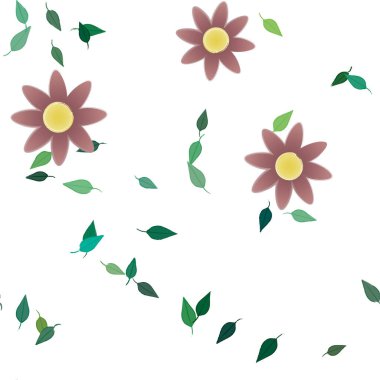 Basit renkli çiçekleri ve tek renkli arka planda yeşil yaprakları olan güzel kompozisyon, vektör illüstrasyonu