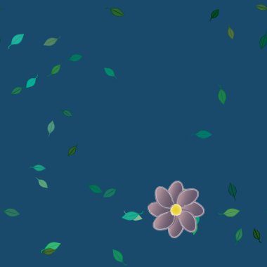 Tek renkli arka planda basit renkli çiçekler ve yeşil yapraklarla güzel kompozisyon, vektör illüstrasyonu