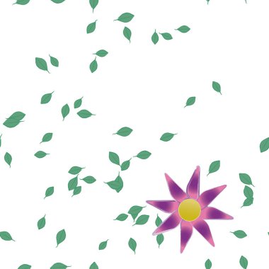 Tek renkli arka planda basit renkli çiçekler ve yeşil yapraklarla güzel kompozisyon, vektör illüstrasyonu