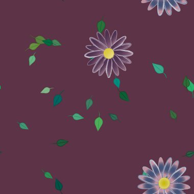 Basit renkli çiçekleri ve tek renkli arka planda yeşil yaprakları olan güzel kompozisyon, vektör illüstrasyonu