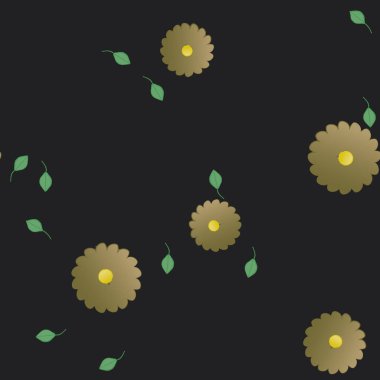 Tek renkli arka planda basit renkli çiçekler ve yeşil yapraklarla güzel kompozisyon, vektör illüstrasyonu