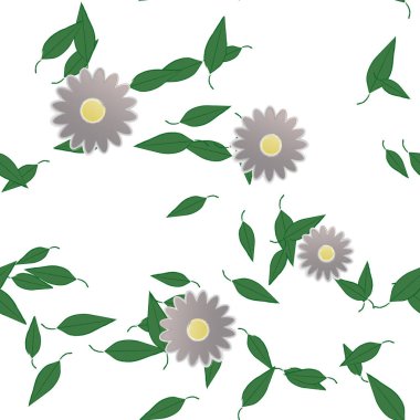 Basit renkli çiçekleri ve tek renkli arka planda yeşil yaprakları olan güzel kompozisyon, vektör illüstrasyonu