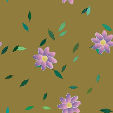 Basit renkli çiçekleri ve tek renkli arka planda yeşil yaprakları olan güzel kompozisyon, vektör illüstrasyonu