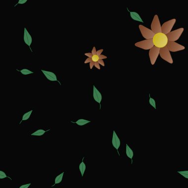 Tek renkli arka planda basit renkli çiçekler ve yeşil yapraklarla güzel kompozisyon, vektör illüstrasyonu