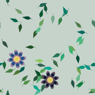 Basit renkli çiçekleri ve tek renkli arka planda yeşil yaprakları olan güzel kompozisyon, vektör illüstrasyonu