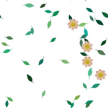 Basit renkli çiçekleri ve tek renkli arka planda yeşil yaprakları olan güzel kompozisyon, vektör illüstrasyonu