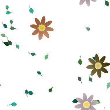 Basit renkli çiçekleri ve tek renkli arka planda yeşil yaprakları olan güzel kompozisyon, vektör illüstrasyonu