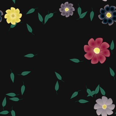 Tek renkli arka planda basit renkli çiçekler ve yeşil yapraklarla güzel kompozisyon, vektör illüstrasyonu