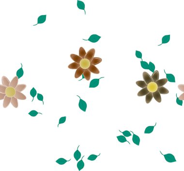 Tek renkli arka planda basit renkli çiçekler ve yeşil yapraklarla güzel kompozisyon, vektör illüstrasyonu