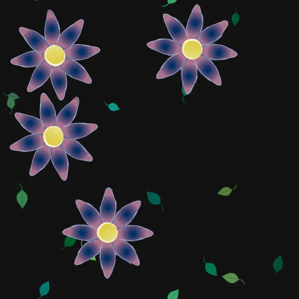 Kaunis Koostumus Yksinkertaisia Värillisiä Kukkia Vihreitä Lehtiä Yksivärinen Tausta Vektori — vektorikuva