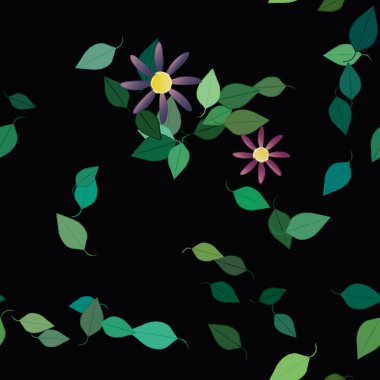 Basit renkli çiçekleri ve tek renkli arka planda yeşil yaprakları olan güzel kompozisyon, vektör illüstrasyonu