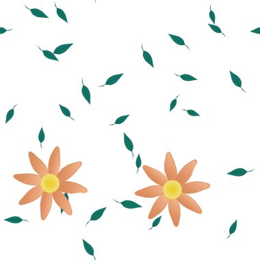 Tek renkli arka planda basit renkli çiçekler ve yeşil yapraklarla güzel kompozisyon, vektör illüstrasyonu