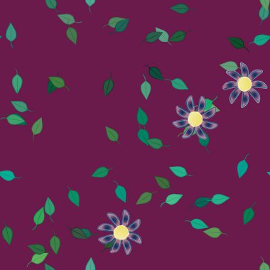 Tek renkli arka planda basit renkli çiçekler ve yeşil yapraklarla güzel kompozisyon, vektör illüstrasyonu