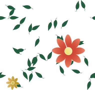 Tek renkli arka planda basit renkli çiçekler ve yeşil yapraklarla güzel kompozisyon, vektör illüstrasyonu