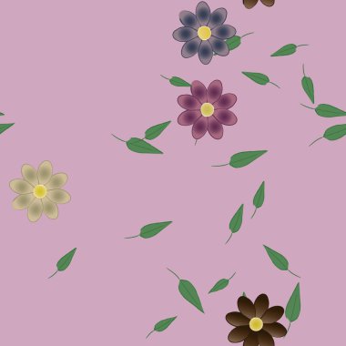 Tek renkli arka planda basit renkli çiçekler ve yeşil yapraklarla güzel kompozisyon, vektör illüstrasyonu