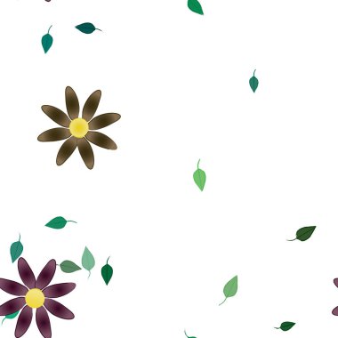 Basit renkli çiçekleri ve tek renkli arka planda yeşil yaprakları olan güzel kompozisyon, vektör illüstrasyonu