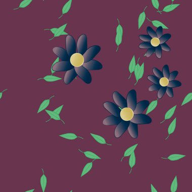 Basit renkli çiçekleri ve tek renkli arka planda yeşil yaprakları olan güzel kompozisyon, vektör illüstrasyonu