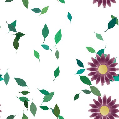 Basit renkli çiçekleri ve tek renkli arka planda yeşil yaprakları olan güzel kompozisyon, vektör illüstrasyonu