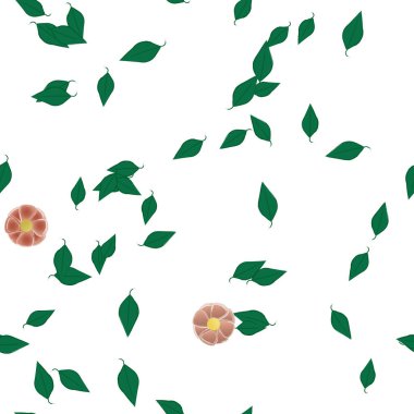 Tek renkli arka planda basit renkli çiçekler ve yeşil yapraklarla güzel kompozisyon, vektör illüstrasyonu