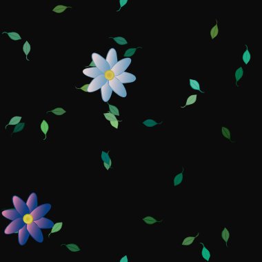 Basit renkli çiçekleri ve tek renkli arka planda yeşil yaprakları olan güzel kompozisyon, vektör illüstrasyonu