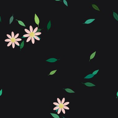 Tek renkli arka planda basit renkli çiçekler ve yeşil yapraklarla güzel kompozisyon, vektör illüstrasyonu