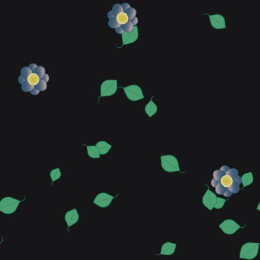 Tek renkli arka planda basit renkli çiçekler ve yeşil yapraklarla güzel kompozisyon, vektör illüstrasyonu