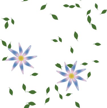 Tek renkli arka planda basit renkli çiçekler ve yeşil yapraklarla güzel kompozisyon, vektör illüstrasyonu