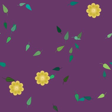 Tek renkli arka planda basit renkli çiçekler ve yeşil yapraklarla güzel kompozisyon, vektör illüstrasyonu