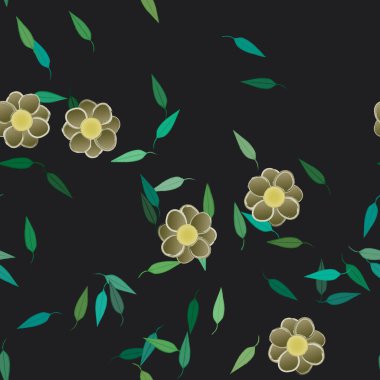 Tek renkli arka planda basit renkli çiçekler ve yeşil yapraklarla güzel kompozisyon, vektör illüstrasyonu