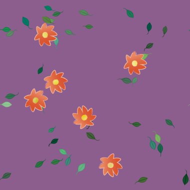 Basit renkli çiçekleri ve tek renkli arka planda yeşil yaprakları olan güzel kompozisyon, vektör illüstrasyonu