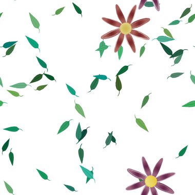 Basit renkli çiçekleri ve tek renkli arka planda yeşil yaprakları olan güzel kompozisyon, vektör illüstrasyonu