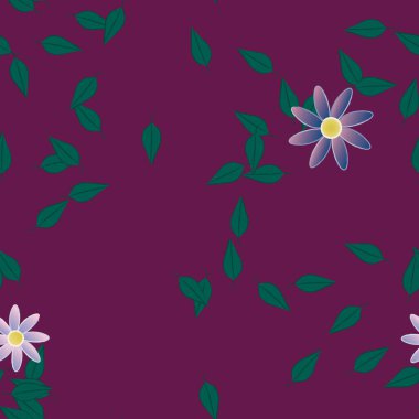 Basit renkli çiçekleri ve tek renkli arka planda yeşil yaprakları olan güzel kompozisyon, vektör illüstrasyonu