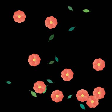 Basit renkli çiçekleri ve tek renkli arka planda yeşil yaprakları olan güzel kompozisyon, vektör illüstrasyonu