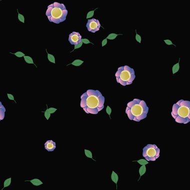 Tek renkli arka planda basit renkli çiçekler ve yeşil yapraklarla güzel kompozisyon, vektör illüstrasyonu