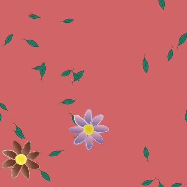 Basit renkli çiçekleri ve tek renkli arka planda yeşil yaprakları olan güzel kompozisyon, vektör illüstrasyonu