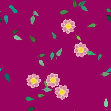 Basit renkli çiçekleri ve tek renkli arka planda yeşil yaprakları olan güzel kompozisyon, vektör illüstrasyonu