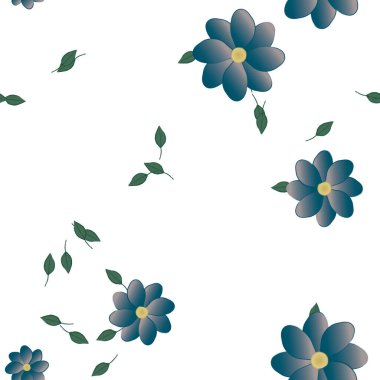 Tek renkli arka planda basit renkli çiçekler ve yeşil yapraklarla güzel kompozisyon, vektör illüstrasyonu