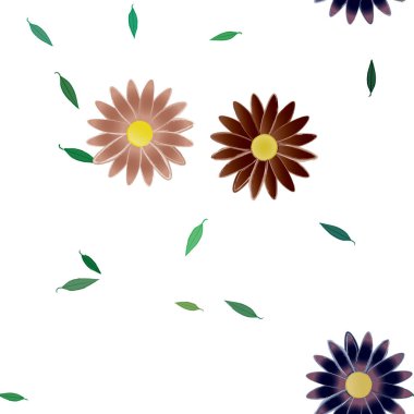 Basit renkli çiçekleri ve tek renkli arka planda yeşil yaprakları olan güzel kompozisyon, vektör illüstrasyonu