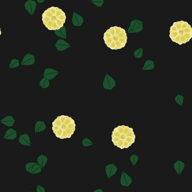 Tek renkli arka planda basit renkli çiçekler ve yeşil yapraklarla güzel kompozisyon, vektör illüstrasyonu