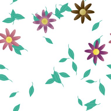 Basit renkli çiçekleri ve tek renkli arka planda yeşil yaprakları olan güzel kompozisyon, vektör illüstrasyonu