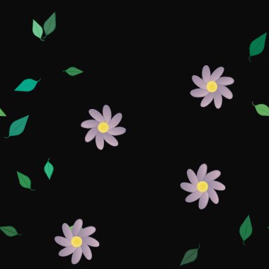 Basit renkli çiçekleri ve tek renkli arka planda yeşil yaprakları olan güzel kompozisyon, vektör illüstrasyonu