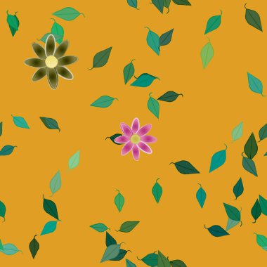 Basit renkli çiçekleri ve tek renkli arka planda yeşil yaprakları olan güzel kompozisyon, vektör illüstrasyonu