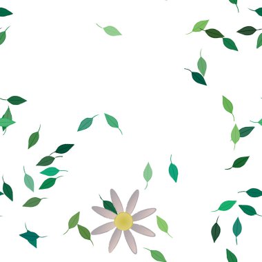 Basit renkli çiçekleri ve tek renkli arka planda yeşil yaprakları olan güzel kompozisyon, vektör illüstrasyonu