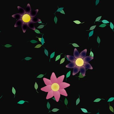 Tek renkli arka planda basit renkli çiçekler ve yeşil yapraklarla güzel kompozisyon, vektör illüstrasyonu