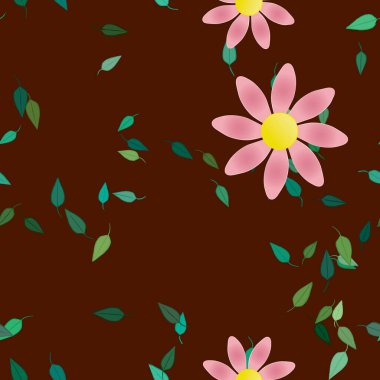 Basit renkli çiçekleri ve tek renkli arka planda yeşil yaprakları olan güzel kompozisyon, vektör illüstrasyonu