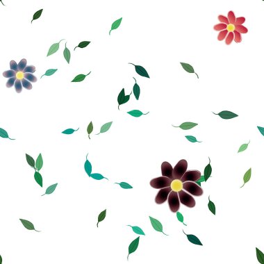 Basit renkli çiçekleri ve tek renkli arka planda yeşil yaprakları olan güzel kompozisyon, vektör illüstrasyonu