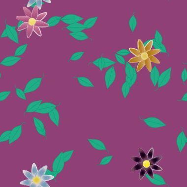 Basit renkli çiçekleri ve tek renkli arka planda yeşil yaprakları olan güzel kompozisyon, vektör illüstrasyonu