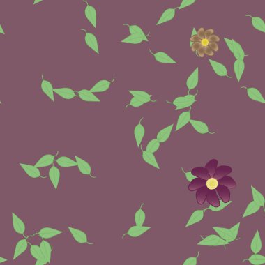 Tek renkli arka planda basit renkli çiçekler ve yeşil yapraklarla güzel kompozisyon, vektör illüstrasyonu