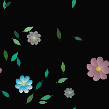 Basit renkli çiçekleri ve tek renkli arka planda yeşil yaprakları olan güzel kompozisyon, vektör illüstrasyonu