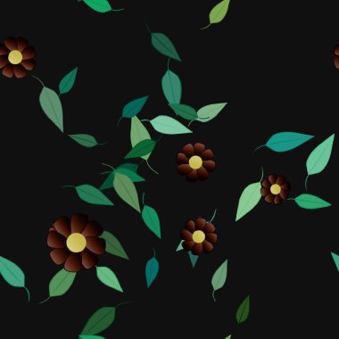 Basit renkli çiçekleri ve tek renkli arka planda yeşil yaprakları olan güzel kompozisyon, vektör illüstrasyonu